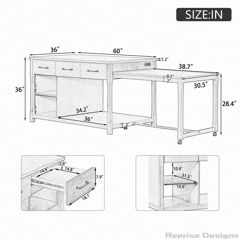 Extendable Kitchen Island with Storage,Built-In Power Outlets, Gray