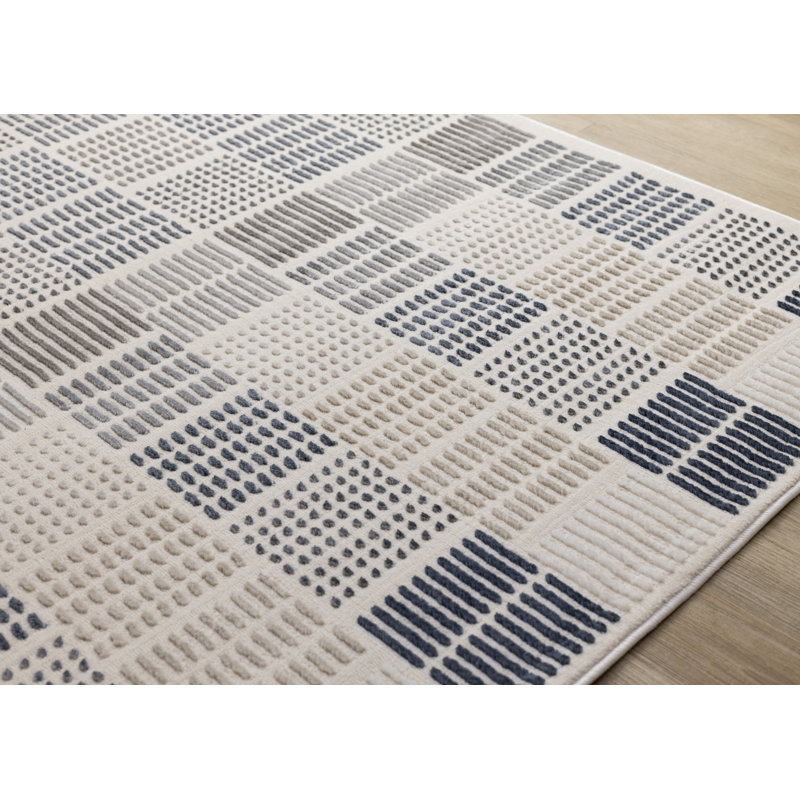 Tapis rayé bleu contemporain contemporain, 7 pi 10 po x 10 pi 6 po