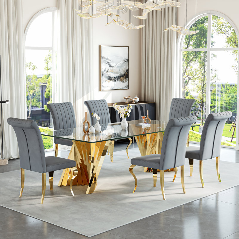 Rectangular Glass Dining Table Set For 6 People, Sleek Modern Design With Sculptural Metal Base, 94.49'' L X 47.24'' W