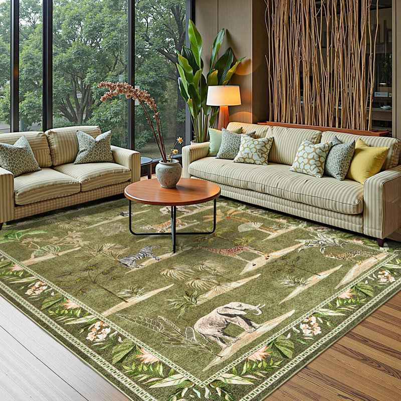 Animals Print Washable Ultra-Thin Non-Slip Area Rug, Rectangle 8' x 10', Jungle Green