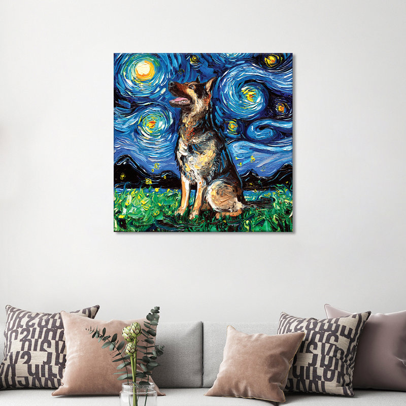 German Shepherd Night II by Aja Trier - Wrapped Canvas Painting, 93.98 cm H x 93.98 cm W x 1.91 cm D