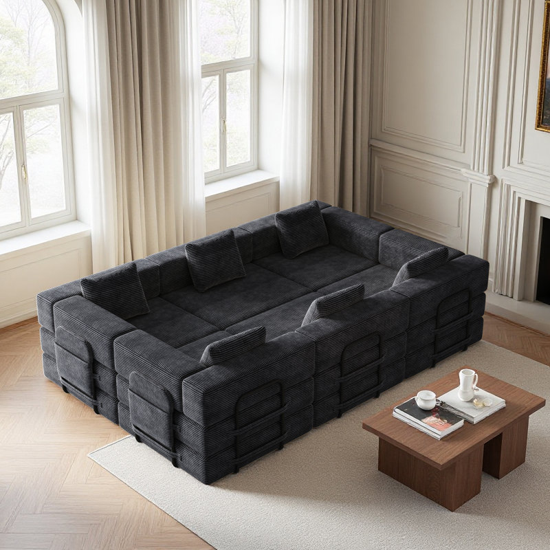 3 pièces Canapé en velours côtelé à compression de 72,4 po, canapé-lit pliant, canapé convertible 3 places, canapé 2 places avec canapé 1 place, noir