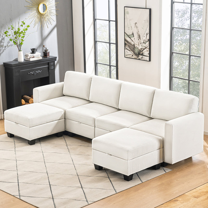 Canapé modulaire rembourré 6 pièces Ilyes, Lin gris pâle