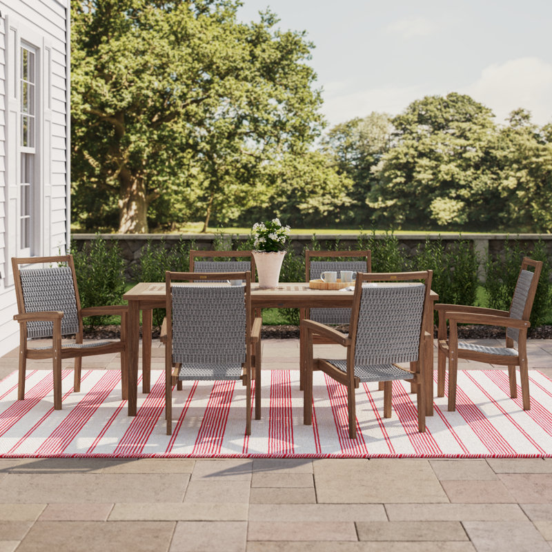 Fleur 7 Piece Eucalyptus Checkerboard Dining Set with Wicker Chairs