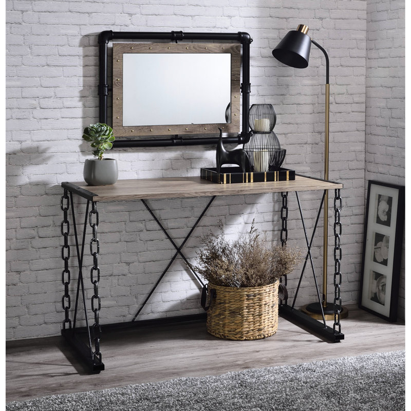 Console en chêne rustique et noir antique, rectangulaire avec surface en bois et bureau en bois avec pieds industriels noirs