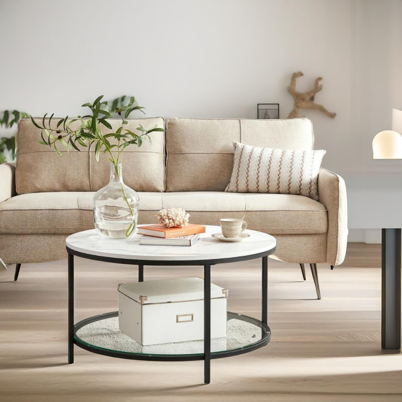 Omaya 2 Tier Round Marble Four Leg Coffee Table with Glass Shelf Living Room