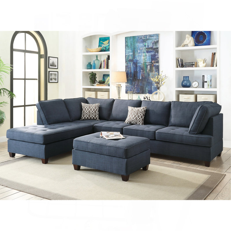 Living Canapé modulaire en suède gaufré modulaire avec coussins capitonnés contemporain, Tissu bleu foncé