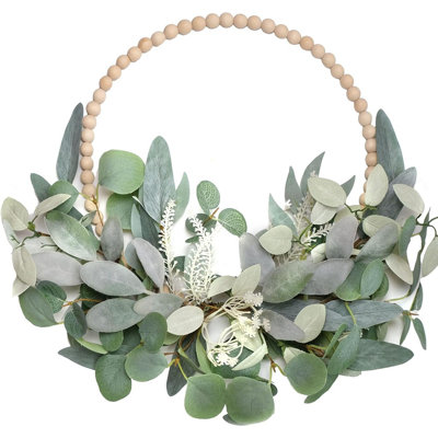 Wood Bead Eucalyptus Wreath - Green - Artificial Farmhouse Door Decor For Indoor And Outdoor Seasonal Use