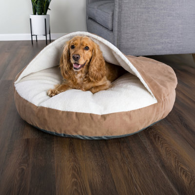 Lit pour chien Cozy Cave avec housse Cave - Lit pour chien rond de 32 pouces pour animaux de compagnie de taille moyenne - Lit pour animal de compagnie avec housse amovible lavable et fond antidérapant - Velours et sherpa de luxe (brun)