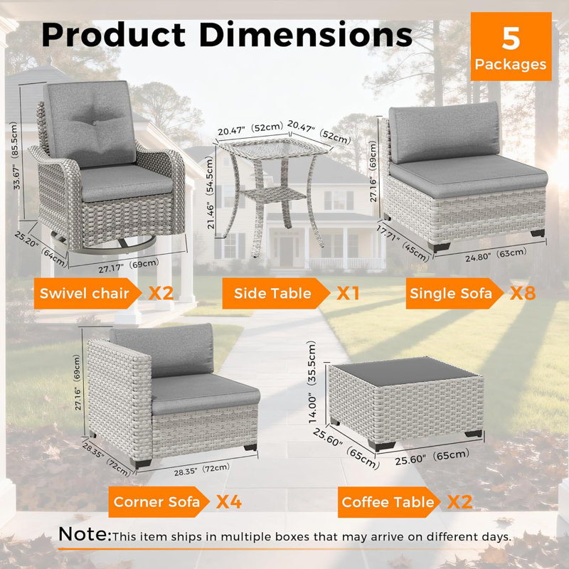 14-Seat Modern Patio Furniture Set with Swivel Rocking Chairs, Thick 4″ Cushions, Dual-Strand Wicker Rattan, Rust-Resistant Steel Frame – Outdoor Conversation & Modular Sectional,Gray