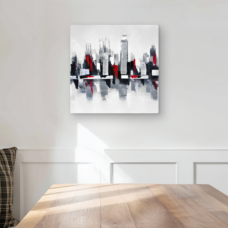 Gray and Red Cityscape - Modern Building Metal Print Decor