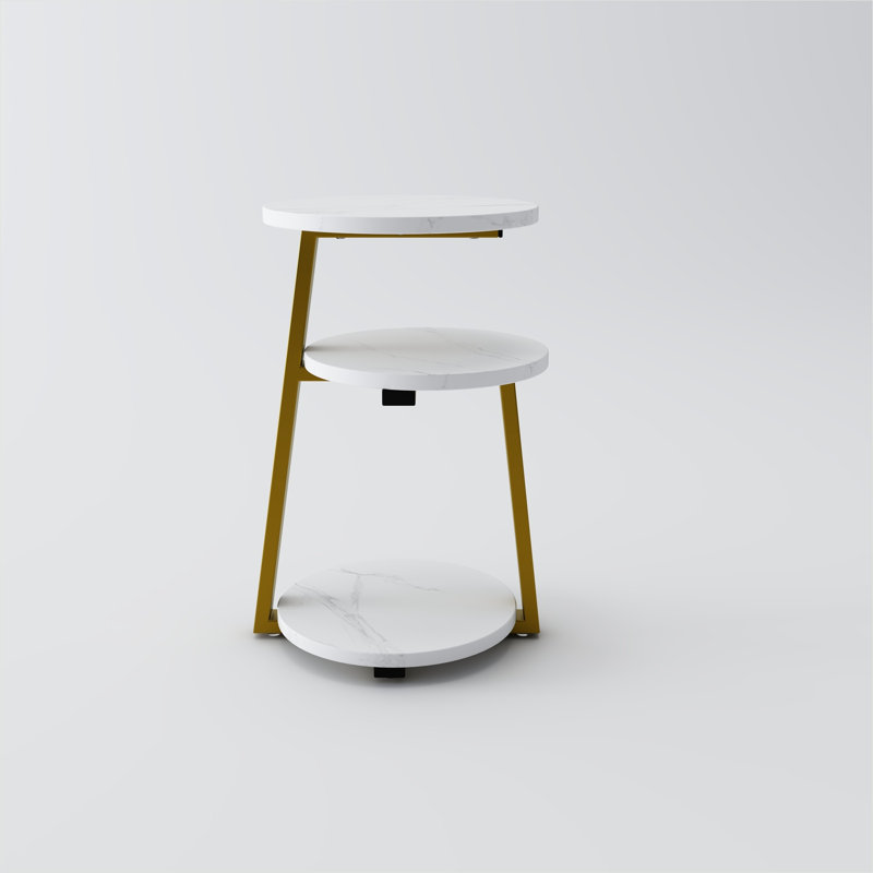 Table d'appoint ronde moderne avec rangement à 3 niveaux, plateau en bois massif blanc vif et structure en acier doré, taille compacte de 13,78 pouces pour le salon ou la chambre à coucher