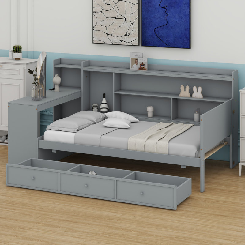 Lit de jour avec 3 tiroirs, ports USB et bureau, gris