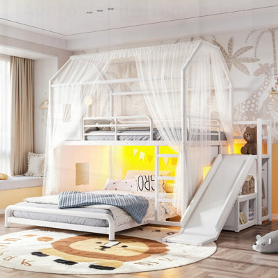 Playhouse Metal Bunk Bed with Slide, Ladder, LED Lights, Privacy Curtain, and Storage, Full over Full for Kids
