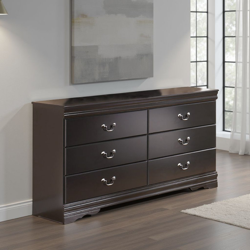 Commode large Yara, finition noire classique, 6 tiroirs, poignées en étain