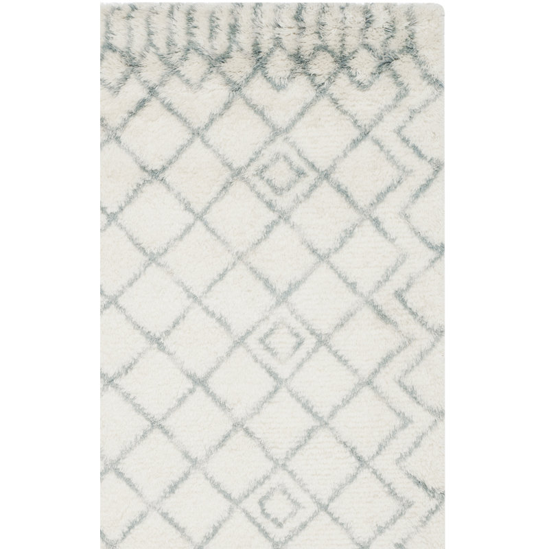 Derron Hand Tufted Nz Wool/Cotton Geometric Rug in Ivory/Blue, Runner 2'3" x 8'