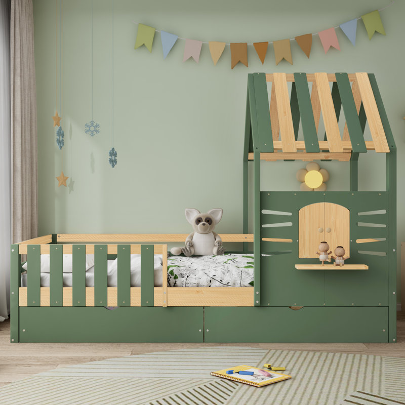 Whimsy Green Children Single Bed with Storage Drawers, House Design Kids Bed