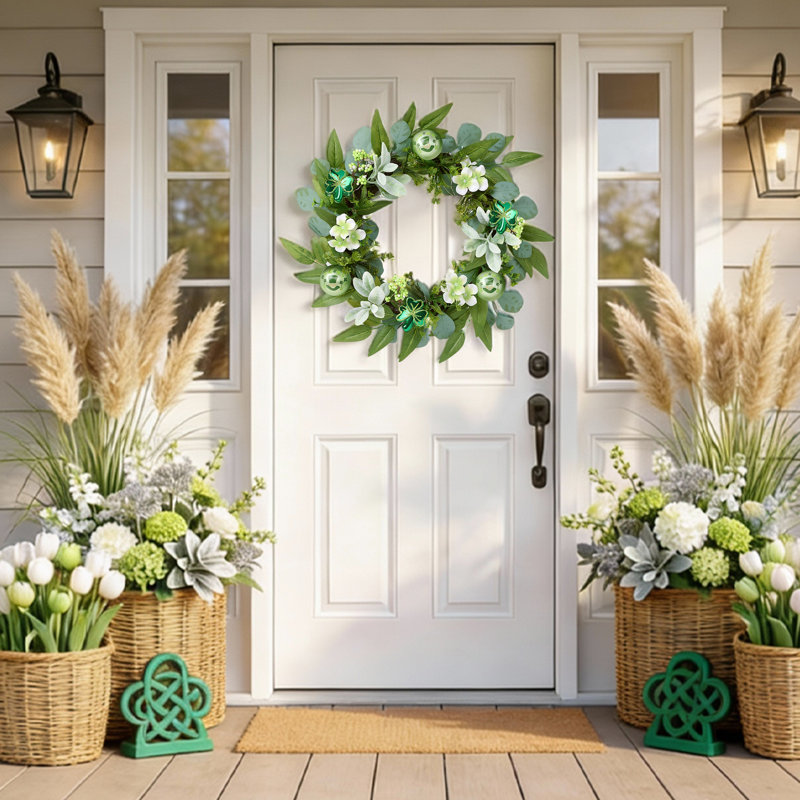 Couronne de porte pliable Valery Madelyn avec lumière, couronne de printemps avec trèfle à trèfle, centre de table, cadeau du préfet et décoration pour fête irlandaise - 24 po