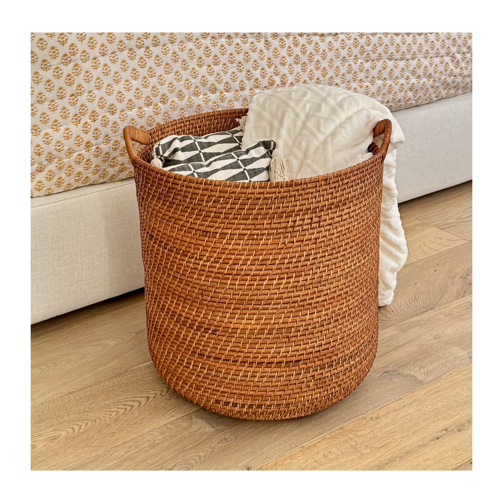 Jettie Rattan Basket With Handles 1, Honey Brown