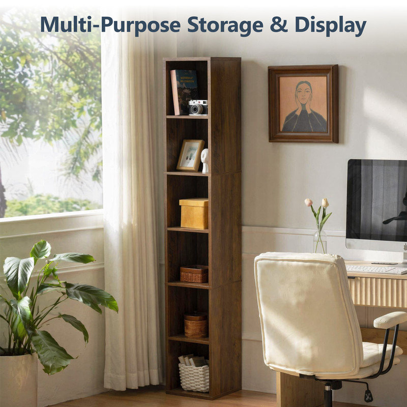 6-Tier Tall Narrow Bookshelf, Wooden Cube Storage Organizer with Closed Back, Vertical CD & Media Tower Rack for Living Room,