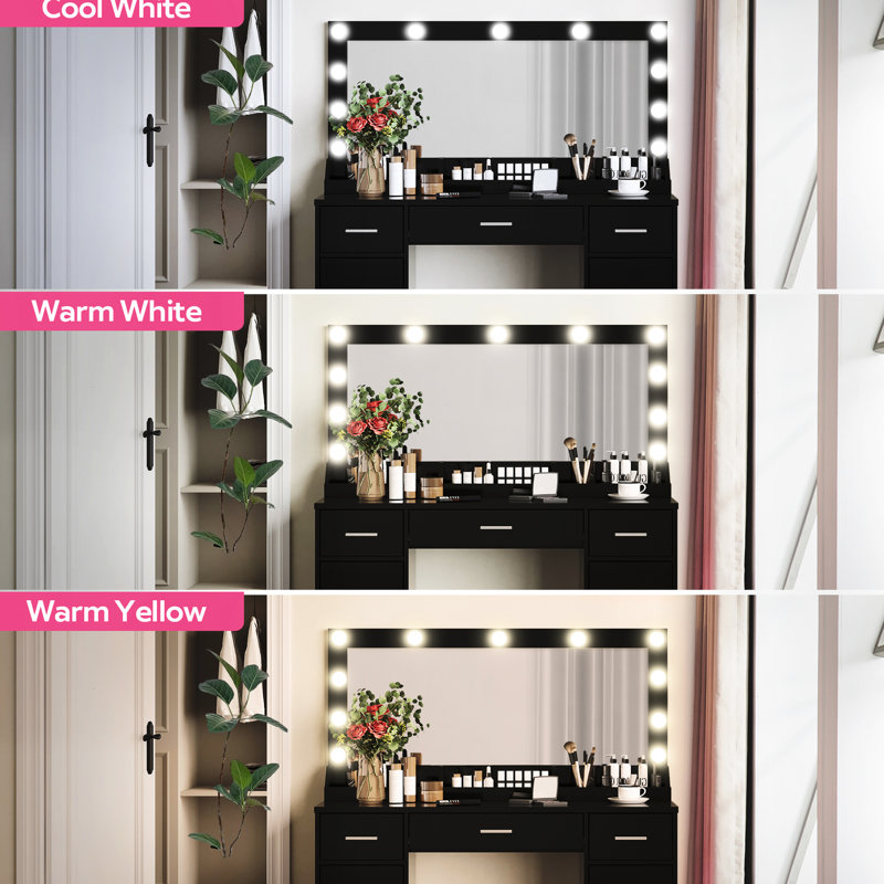 Bureau de meuble-lavabo pour femme, 46,08 po, noir, panneau de particules, grand miroir, 3 modes d'éclairage, luminosité réglable, tiroirs, 2 armoires, installation rapide, bureau à finition teintée, configuration pour le stress,
