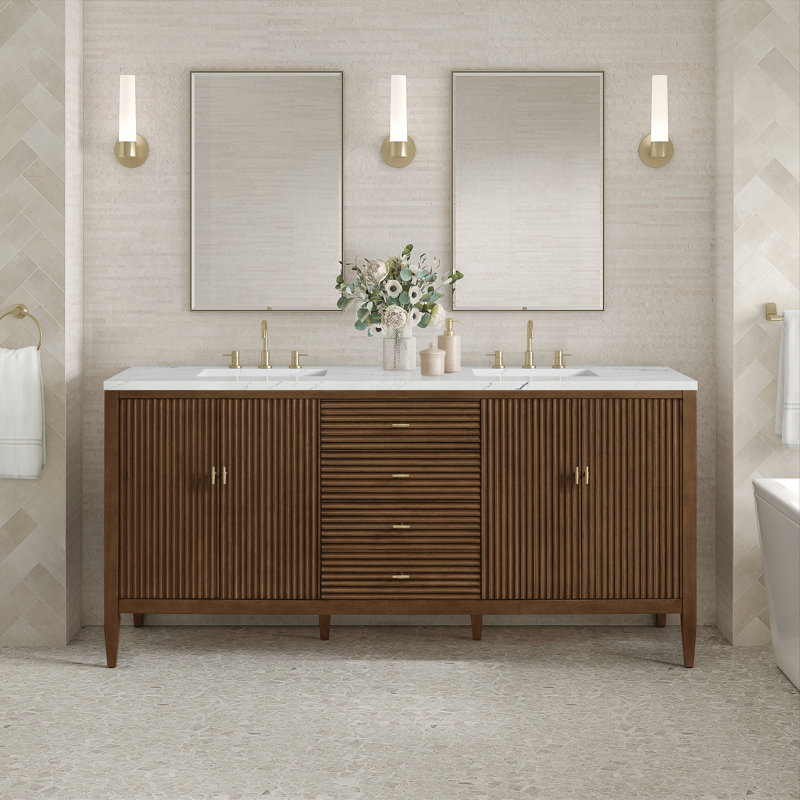 Myrrin 72'' W Double Vanity, Mid-Century Walnut, Ethereal Noctis, 8" Widespread