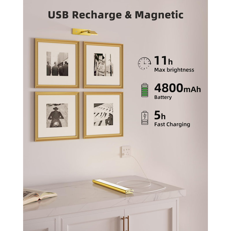 Lampe pour tableau murale, télécommande sans fil rechargeable 4800Mah, lumière d'art à DEL magnétique à intensité variable de 16 po avec 3 températures de couleur (or)