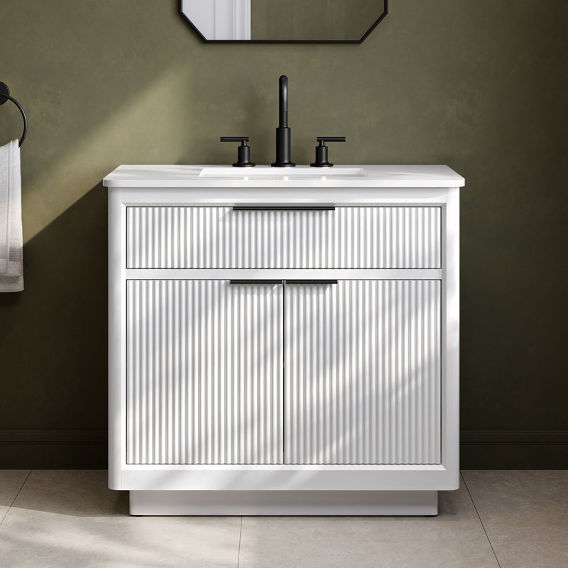 Meuble-lavabo autoportant blanc pur 36 po avec pierre d'ingénierie blanche Xander Xander, Noir mat