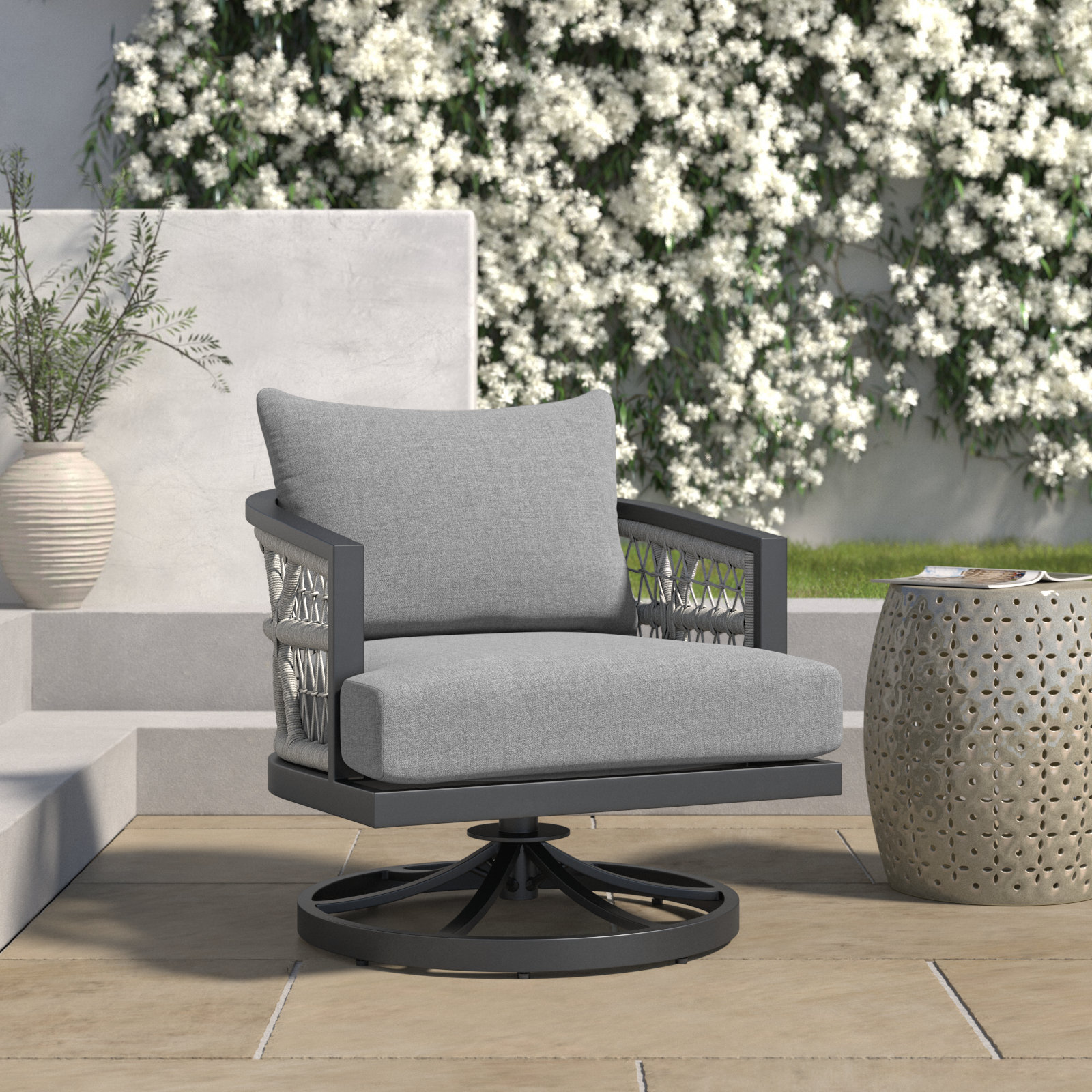 Evalyn Swivel Metal Outdoor Lounge Chair