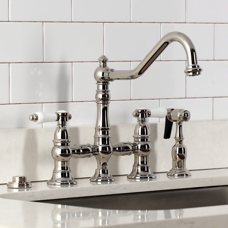 Kingston Brass Bel-Air Two-Handle 4-Hole Deck Mount Bridge Kitchen Faucet With Brass Side Sprayer, Polished Nickel