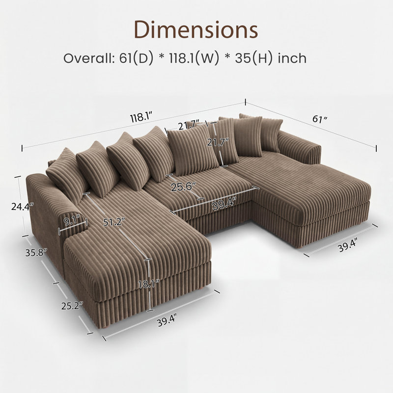 Tolzmann Corduroy Upholstered U-Shaped Sectional, Khaki Corduroy