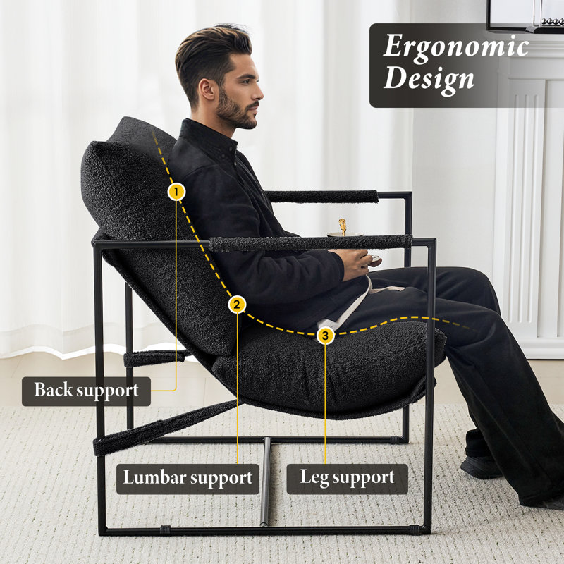 29" W Upholstered Sling Accent Chair with Metal Frame, Black