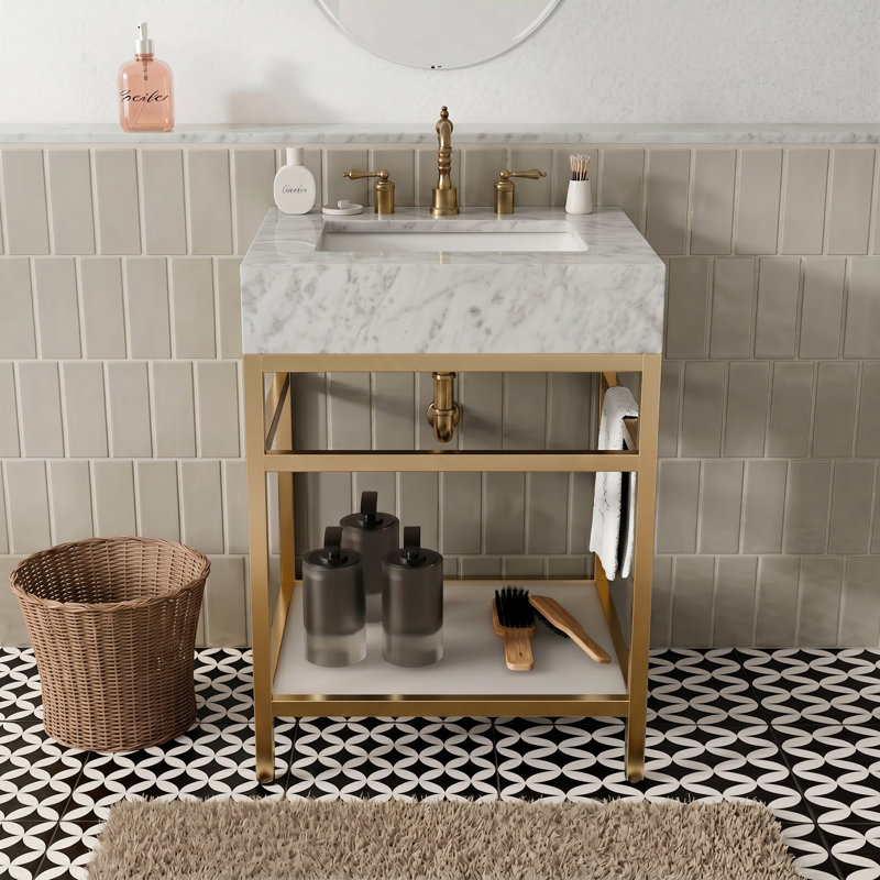 Meuble-lavabo de 24 po en marbre de Carrare naturel avec lavabo, structure en acier inoxydable doré et tablette en verre, 24"