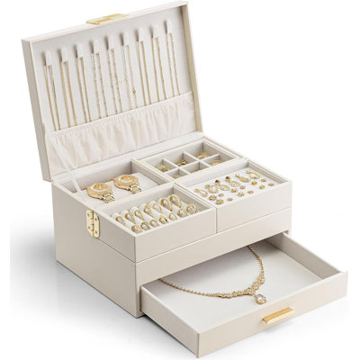 Jewelry Organizer Box - 3 Layer Jewelry Storage With Retractable Tray, Drawer & Multiple Compartments For Necklaces, Rings, Bracelets, Earrings - Elegant PU Leather Design
