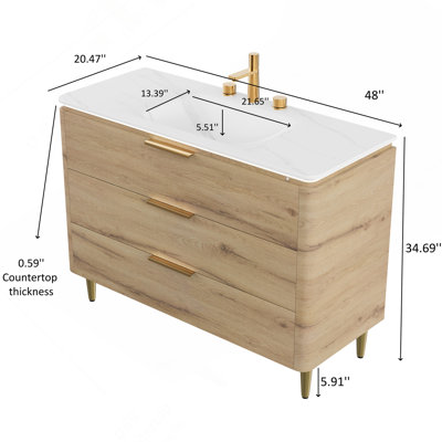 Meuble-lavabo 48 po avec lavabo, armoire de rangement autoportante en contreplaqué à bords arrondis avec 3 tiroirs, lavabo intégré en pierre frittée blanche, blanc pré-assemblé
