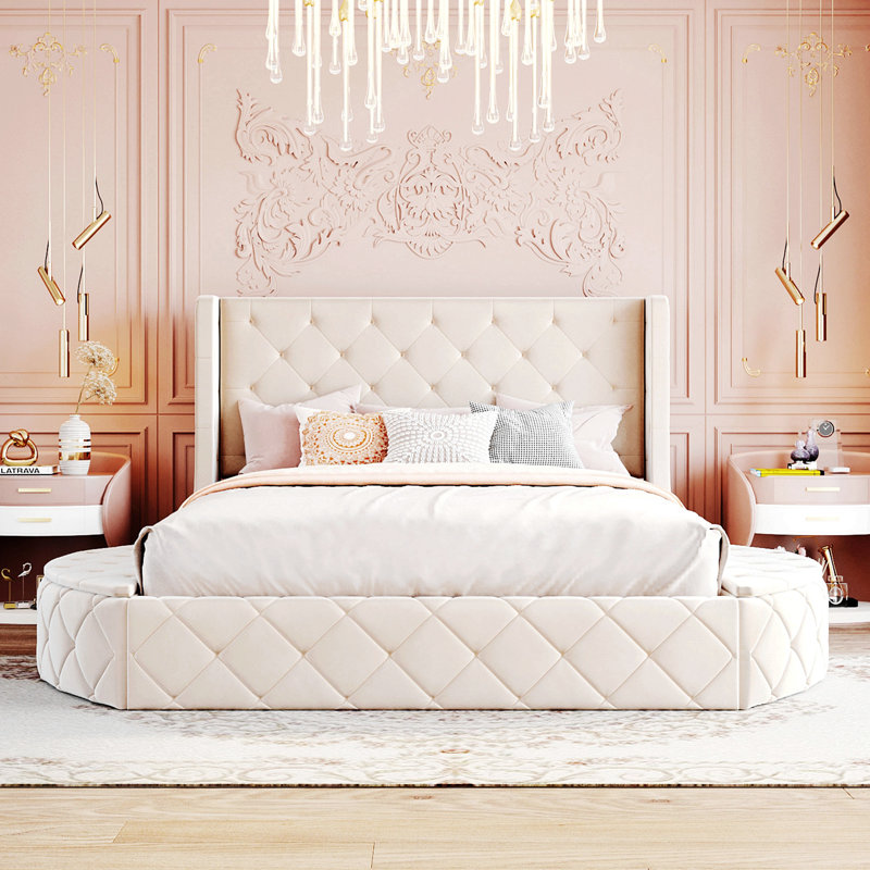 Lit plateforme tapissier à 3 tiroirs avec tête de lit à oreilles et banc latéral Jakayle, Beige 