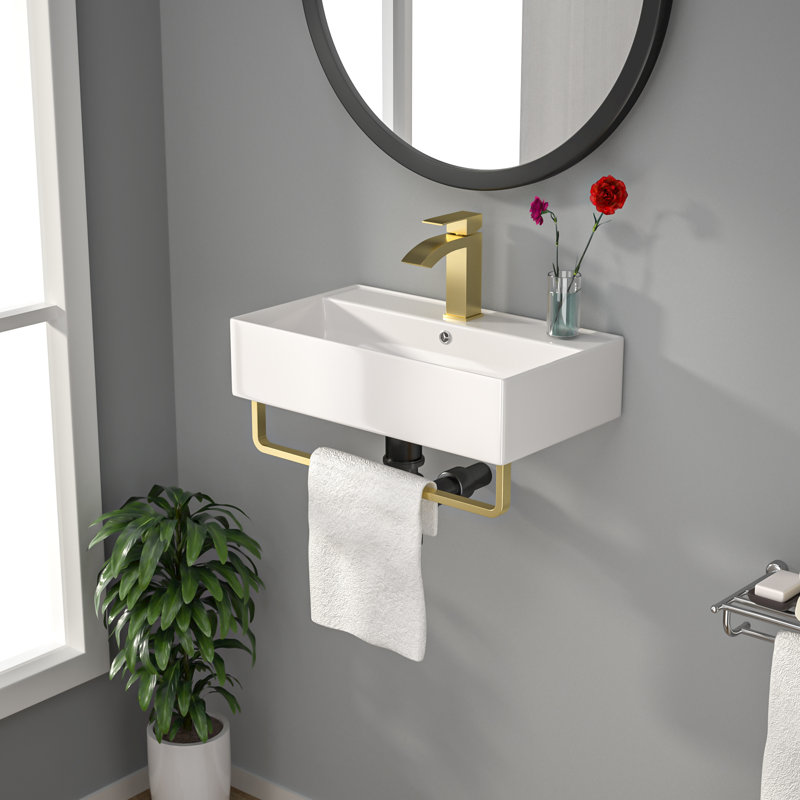 Lavabo de salle de bain mural en céramique L 21 po x l 12 po, vasque rectangulaire avec porte-serviettes doré et robinet doré