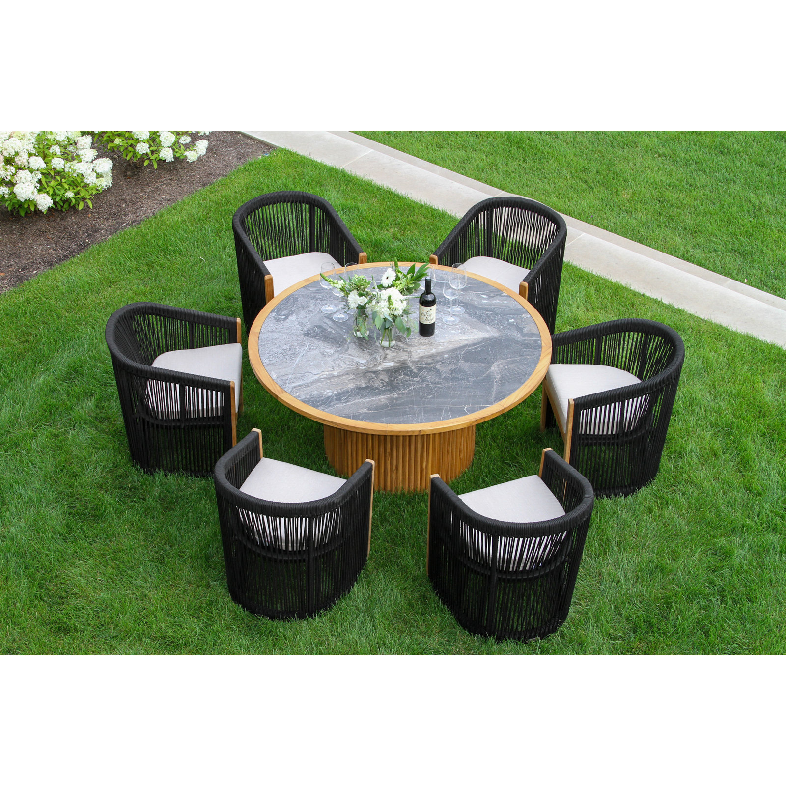 Aniston 7 Pc. Round Teak & Stone Dining Set With Black Rope Dining Chairs, Gray