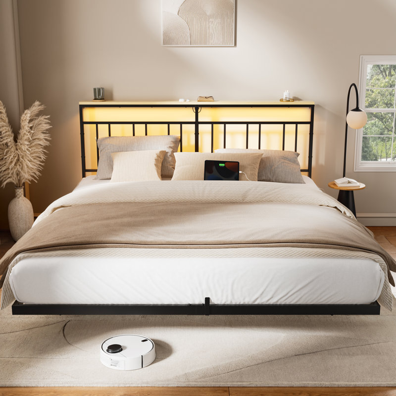 Floating Platform Bed with LED and Charging Station, King