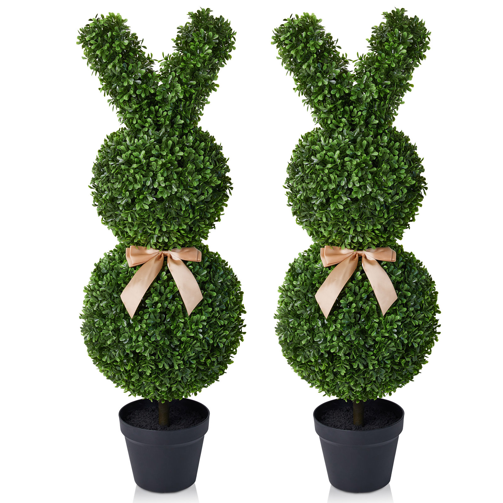 Ashwell 36" Artificial Bunny Topiary Trees (Set Of 2) - Faux Waxberry Animal Shaped Boxwood Plants With Ribbon For Outdoor Front Porch & Easter Decor, UV Resistant