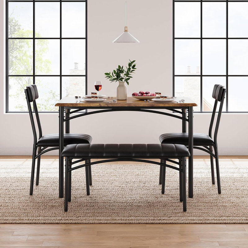 Space-Saving 4-Piece Dining Table Set with Upholstered Chairs & Bench – Compact Industrial Kitchen & Dining Room Furniture – Ideal for Small Spaces – Vintage Colour