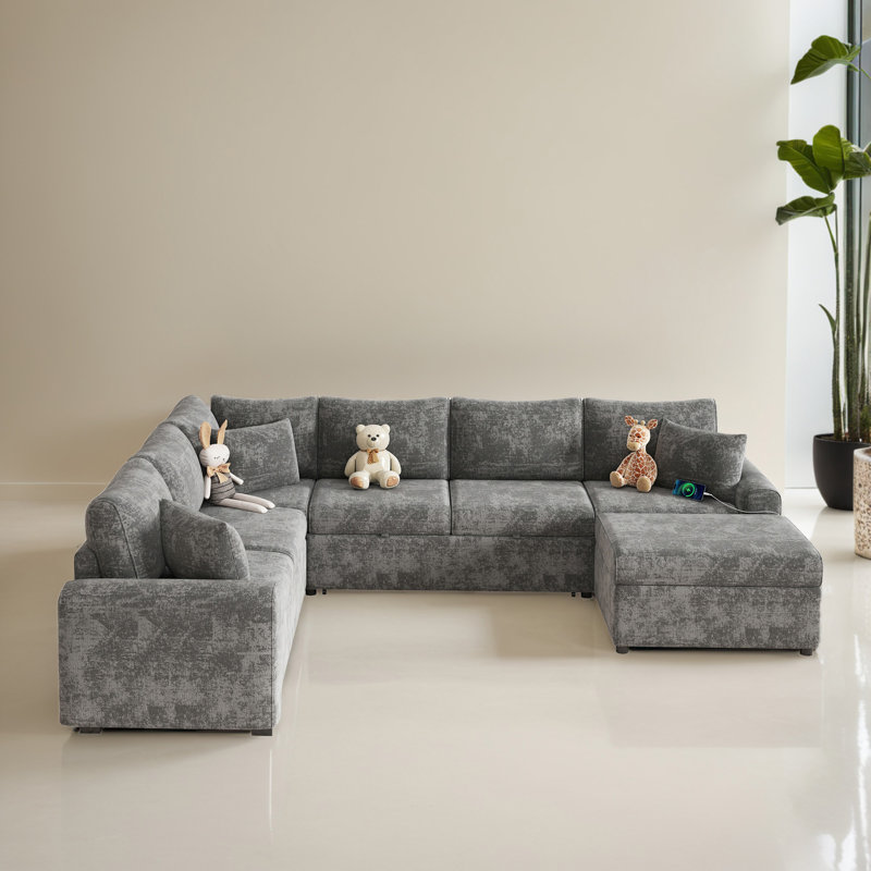 Canapé-lit modulaire en forme de U de 112,22 po avec méridienne coulissante et méridienne pour le salon, Chenille grise