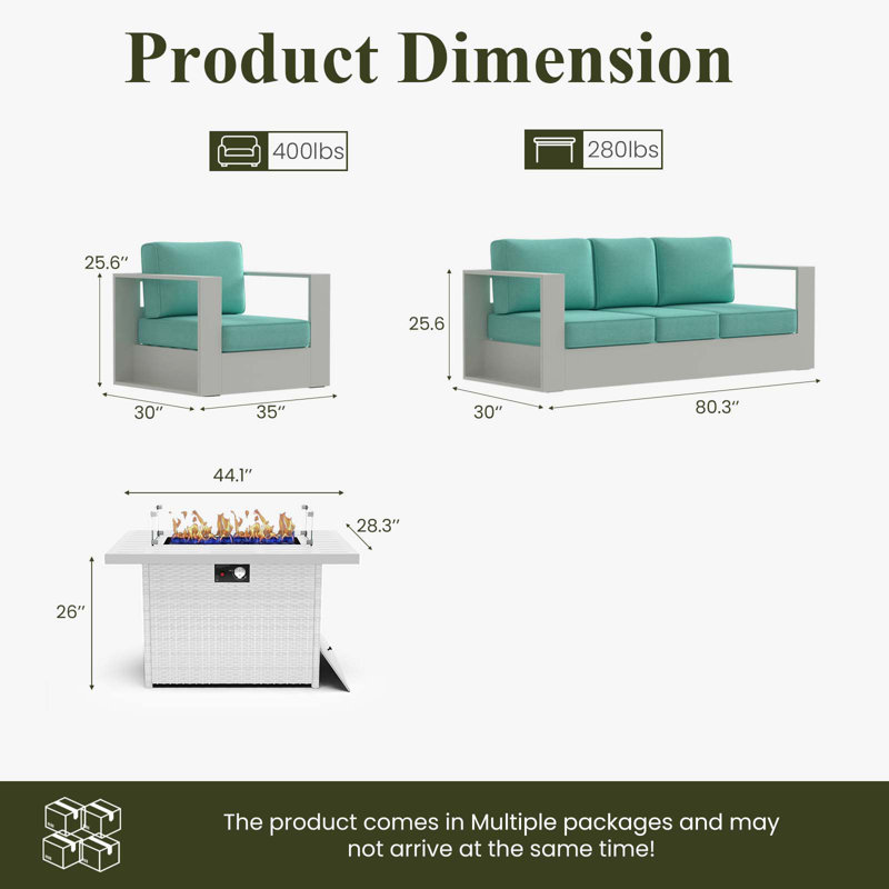 Modern Outdoor Aluminum 4-piece Conversation Set With Firepit Table, Teal Cushion/White Frame