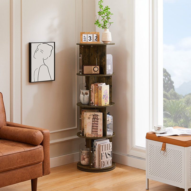 Jadeyn Rotating Bookshelf 4 Tier 360° Revolving Floor Standing Bookcase Corner Organizer Display, Brown