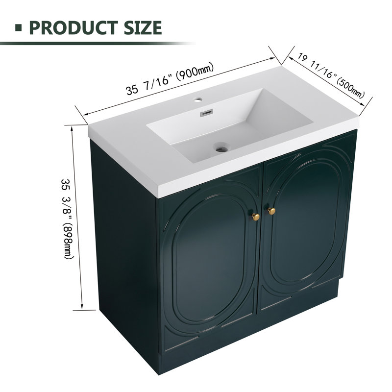 Meuble-lavabo autoportant avec lavabo en résine, Vert, Doré