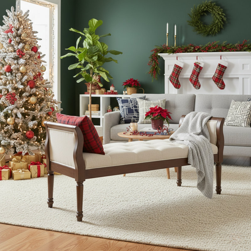 Calla Classic Tufted Upholstered Bench With Curved Arms And Solid Wood Frame, Beige Cushion/Walnut Frame