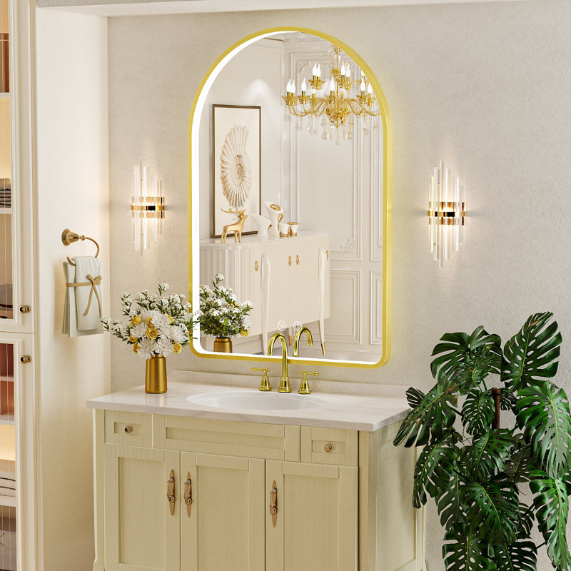 LED Bathroom Mirror with Lights, Arched Lighted Vanity Mirror with Anti-Fog, Memory Function,Dimmable, Golden, 40" x 30"