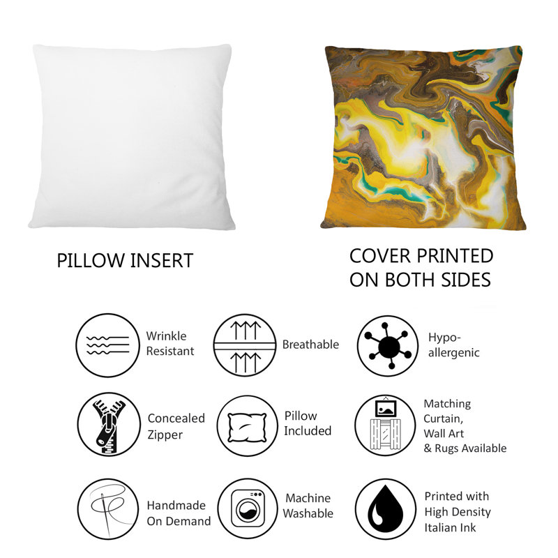 Coussin décoratif imprimé kaki vif et marbre jaune 12 po x 20 po