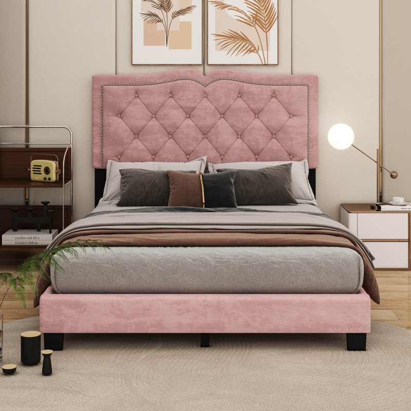 Lit plateforme tapissier Bilgehan, Rose, Double