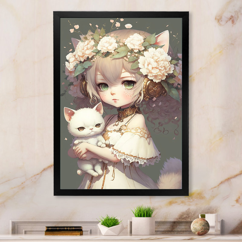 Edmundas, fille d'anime avec un chat blanc sur toile, H 20 po x l 12 po x P 1 po, Cadre photo noir